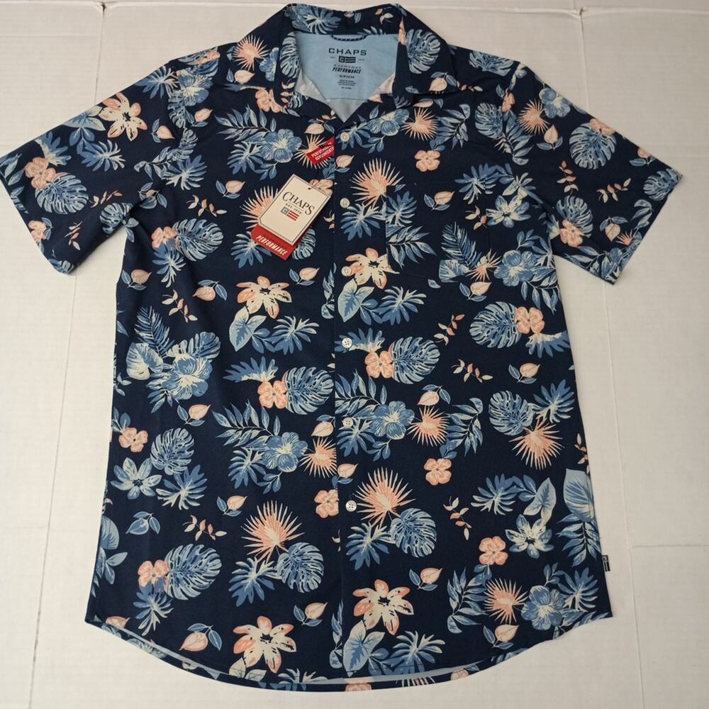 Chaps Woven Shirt Men's Size S Blue Floral Stretch UPF 50
